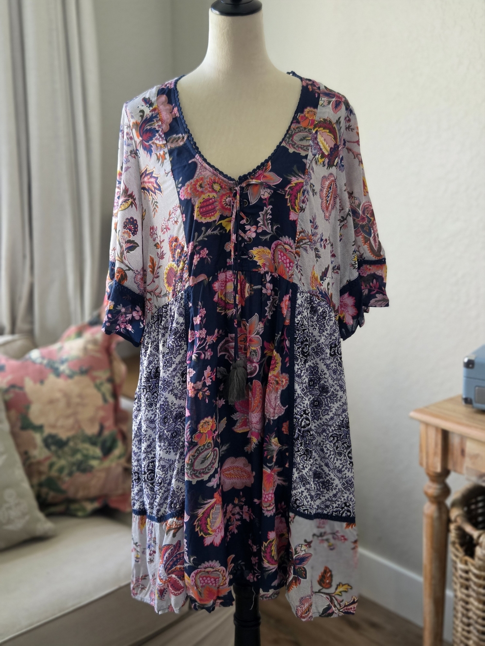 Anthropologie Navy and Pink Patchwork Boho Mini Dress